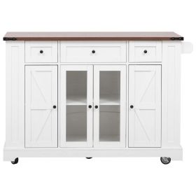 K&K 53'' Farmhouse Kitchen Island with Two Tempered Glass Cabinet Doors, Power Outlet, Rolling Kitchen Cart on Wheels with Drop Leaf