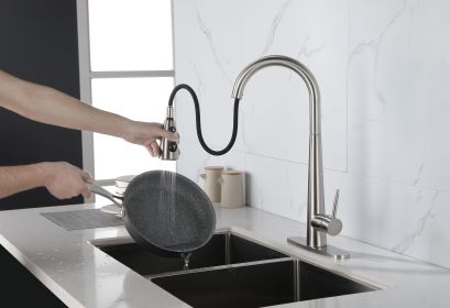 Kitchen Faucet with Pull Down Sprayer Brushed Nickel, High Arc Single Handle Kitchen Sink Faucet with Deck Plate
