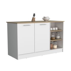 Kitchen Island Two Cabinets, Three Open Shelves, White / Natural Oak