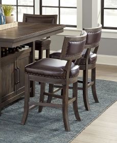 Rustic Aesthetic Dark Cherry Finish Counter Height Chair Set of 2 Wood Framed Nailhead Trim Faux Leather Upholstered Seat Kitchen Dining Room Fur