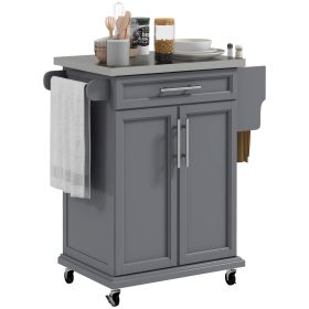 HOMCOM Kitchen Island on Wheels, Rolling Kitchen Cart with Stainless Steel Countertop, Drawer, Towel Rack and Spice Rack, Utility Storage Trolley