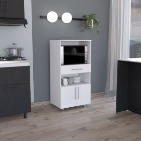 Kitchen Pantry 48" H, Two Open Storage Shelves, One for Microwave, Two Doors, Four Legs, White