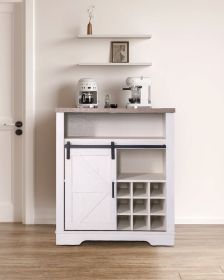 Farmhouse Storage Cabinet with Sliding Barn Door & Wine Shelf, Small Storage Cabinet for, Kitchen, Living Room, Rustic Oak with Antique White
