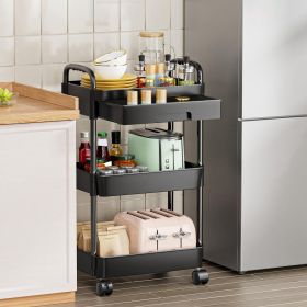 Rolling Utility Cart Movable Storage Organizer with Drawer Lockable Wheels 360 Degree Rotatable Hallow Design for Bedroom Bathroom Kitchen (Color: Black, Tier: 3 Tier)