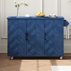 51.2"W 3D Wave Stripes Ash Veneer Kitchen Island with Drop Leaf, Farmhouse Kitchen Island on Wheels with Internal Storage Rack, Rolling Kitchen C (Color: Navy Blue, Material: MDF,Pine)