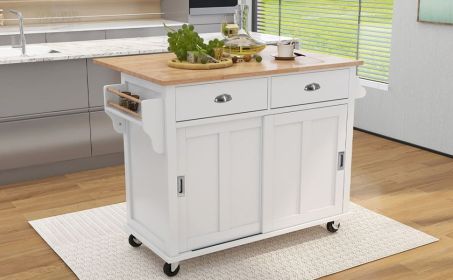 Kitchen Cart with Rubber wood Drop-Leaf Countertop, Concealed sliding barn door adjustable height (Color: as Pic)